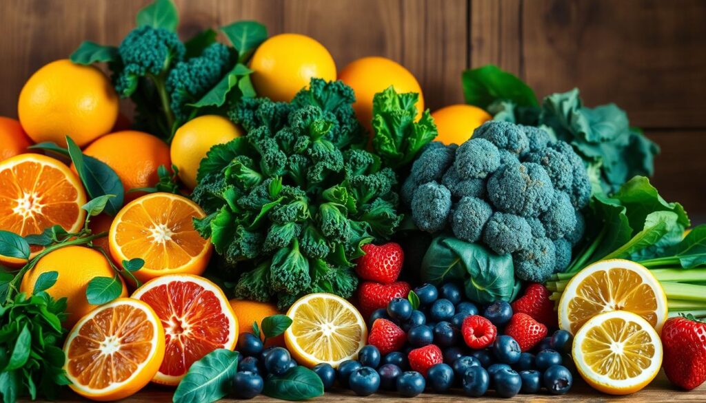 A bountiful still life arrangement showcasing an array of vibrant, immune-boosting superfoods. In the foreground, an assortment of citrus fruits, including juicy oranges, lemons, and grapefruits, exuding a zesty, refreshing aroma. Nearby, a cluster of leafy greens, such as kale, spinach, and broccoli, radiating a deep, verdant hue. In the middle ground, a selection of antioxidant-rich berries, like blueberries, raspberries, and strawberries, their vibrant colors evoking a sense of vitality. The background features a rustic wooden surface, creating a warm, earthy backdrop that complements the organic, nourishing ingredients. Soft, diffused lighting illuminates the scene, emphasizing the natural textures and vibrant hues of these immune-boosting superfoods.