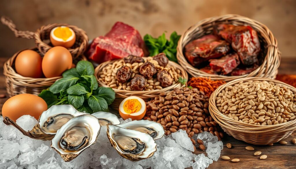 A bountiful still life featuring an assortment of zinc-rich foods set against a warm, earthy backdrop. In the foreground, plump oysters glisten on a bed of crushed ice, their briny essence palpable. Surrounding them, golden-yolked eggs, juicy beef cuts, and hearty lentils spill forth from woven baskets, their rich colors and textures inviting the viewer to savor their nutritional bounty. In the middle ground, verdant spinach leaves and crunchy pumpkin seeds provide a lively counterpoint, while the background is softly blurred, allowing the focus to remain on the nourishing feast. The overall scene is illuminated by soft, diffused lighting, creating an intimate, comforting atmosphere that highlights the vitality and importance of these zinc-dense foods.