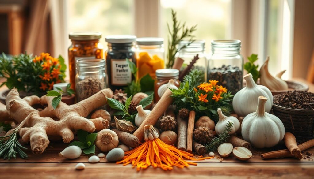A bountiful still life of immune-boosting herbs and spices, artfully arranged on a rustic wooden table. In the foreground, a vibrant array of fresh ginger, turmeric, garlic, and echinacea, their earthy tones and textures creating a visually captivating display. In the middle ground, jars of dried herbs such as rosemary, thyme, and oregano, their labels clearly visible. The background is softly blurred, allowing the focus to remain on the botanical centerpiece. Warm, natural lighting casts a golden glow, highlighting the vibrant hues and inviting the viewer to explore the nutritional wealth of these ancient remedies.