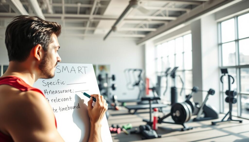 A bright, motivational image depicting a person setting "SMART" fitness goals: Specific, Measurable, Achievable, Relevant, and Time-bound. The foreground shows a person writing their goals on a whiteboard with a determined expression. The middle ground features various fitness equipment and accessories, symbolizing the tools to reach those goals. The background has a clean, modern gym interior with plenty of natural light streaming in through large windows, creating an aspirational and energizing atmosphere. The overall scene conveys a sense of focus, progress, and a positive mindset towards sustainable fitness.