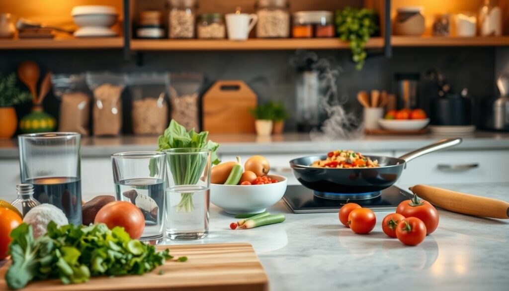A bustling kitchen counter, with a variety of healthy ingredients arranged neatly. In the foreground, a cutting board with freshly chopped vegetables, accompanied by a glass of water and a bowl of fresh fruit. In the middle ground, a skillet sizzles with a nutritious stir-fry, steam rising gently. The background features a well-stocked pantry, shelves filled with whole grains, legumes, and spices. Warm, soft lighting illuminates the scene, creating a cozy and inviting atmosphere. The overall composition conveys a sense of organization, efficiency, and a commitment to healthy eating, even in the face of a busy schedule.