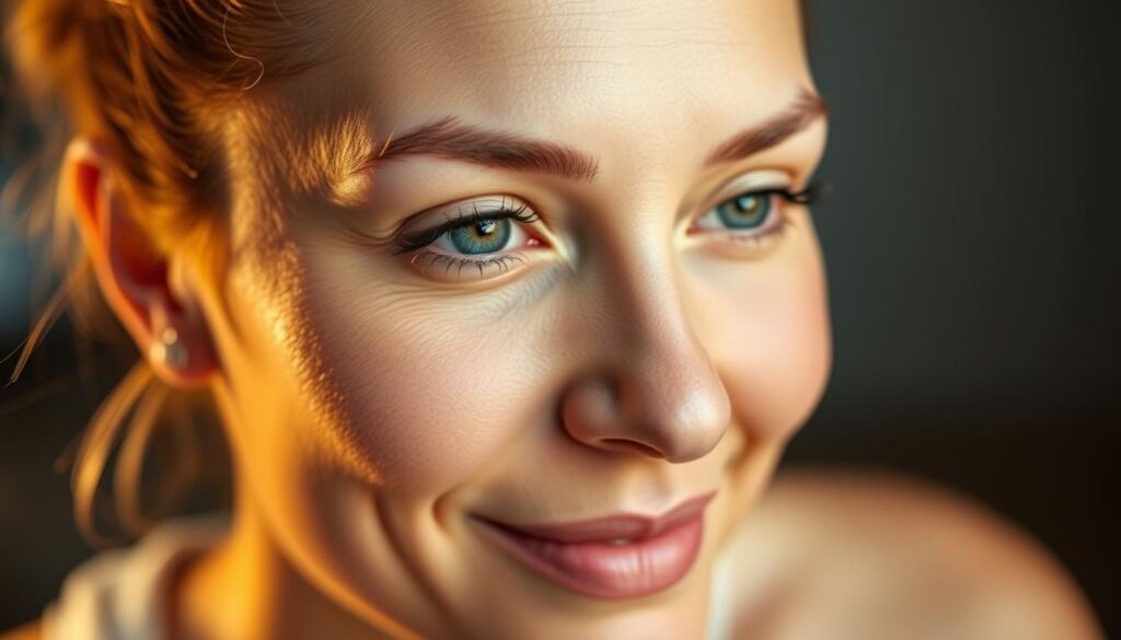A close-up portrait of a woman's face, illuminated by soft, warm lighting that highlights the natural glow and clarity of her skin. The complexion appears smooth, supple, and blemish-free, with a youthful, radiant appearance. The subject's expression is serene and content, conveying a sense of inner harmony and well-being. The background is blurred, placing the focus entirely on the subject's face and skin. The image is captured with a shallow depth of field, creating a visually striking and evocative representation of the transformative effects of quitting sugar on the skin.