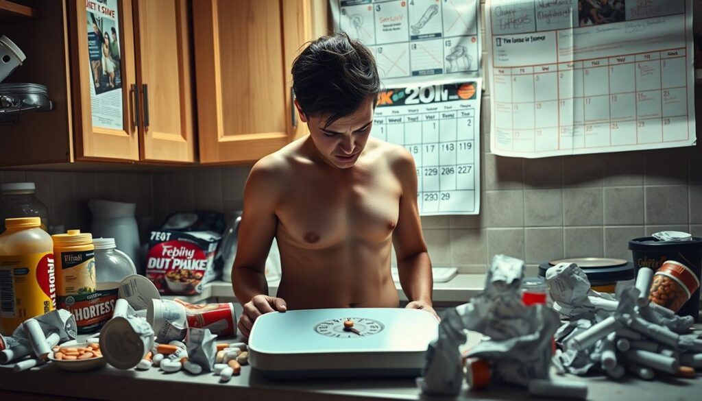 A cluttered kitchen counter, littered with discarded diet pills, empty protein shake containers, and crumpled weight-loss magazine pages. Harsh fluorescent lighting casts an unflattering glow, highlighting the desperation and exhaustion on a person's face as they stare dejectedly at the scale. In the background, a tattered calendar with crossed-out dates serves as a reminder of the failed attempts at quick fixes. The scene conveys the futility and frustration of crash dieting, a cautionary tale of the dangers of unsustainable weight-loss methods.