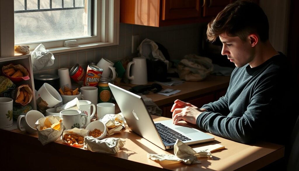 A cluttered kitchen counter, overflowing with half-eaten snacks, cold coffee mugs, and crumpled food wrappers. In the foreground, a person sits hunched over their laptop, eyes strained, fingers tapping erratically. The lighting is harsh, casting deep shadows that accentuate the disorganized scene. A sense of rushed, distracted eating patterns pervades the image, reflecting the "Mistake #2: Skipping Meals and Irregular Eating Patterns" theme.
