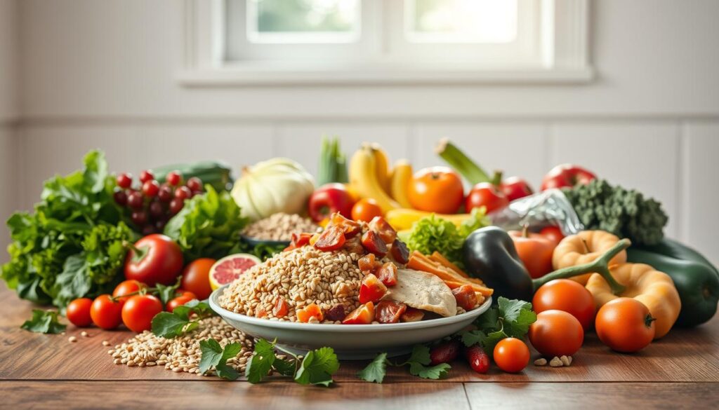 A colorful still life arrangement showcasing the key components of a balanced nutritious meal. In the foreground, a variety of fresh produce including leafy greens, vibrant vegetables, and ripe fruits are neatly arranged on a wooden table. In the middle ground, a plate with a hearty serving of whole grains, lean protein, and healthy fats takes center stage, lit by soft, natural lighting from an overhead window. The background features a minimalist, airy environment with clean lines and neutral tones, creating a calm, inviting atmosphere that emphasizes the simplicity and elegance of wholesome, well-balanced nutrition.