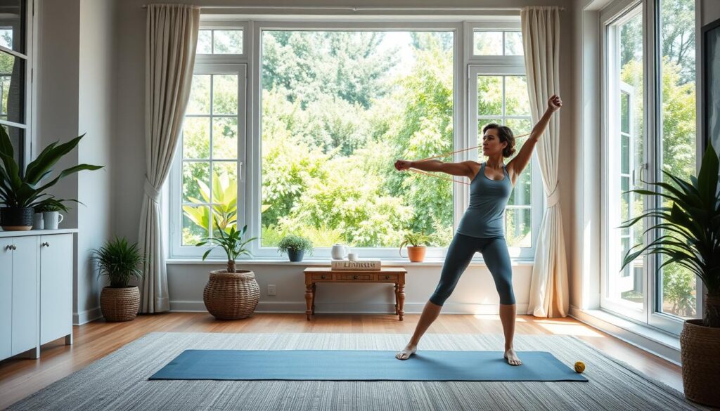 A cozy home gym with natural lighting streaming through large windows, showcasing a woman performing a variety of low-impact exercises on a yoga mat. In the foreground, she does gentle stretches and core strengthening moves. In the middle ground, she uses resistance bands for toning her arms and legs. The background features a serene view of a lush, green garden, creating a tranquil, calming atmosphere that inspires a healthy, sustainable weight loss routine.