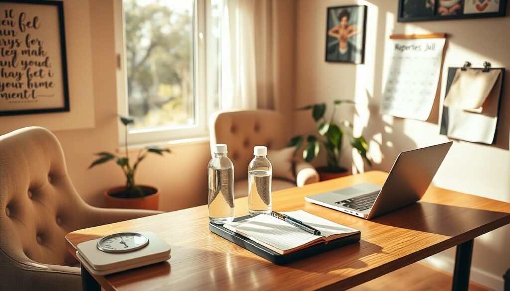 A cozy home office with a comfortable chair, a desk, and a laptop. The desk has a scale, a water bottle, and a notebook with a pen, symbolizing the process of self-monitoring and accountability. The room is bathed in warm, natural lighting, creating a serene and motivating atmosphere. The walls feature inspirational artwork and a calendar to track progress. A houseplant in the corner adds a touch of greenery, while the overall design conveys a sense of organization and intention. The scene captures the essence of a home-based weight loss journey, where the individual takes charge of their well-being in a supportive, personalized environment.