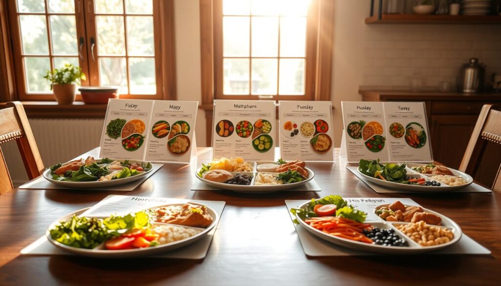 A cozy kitchen table, illuminated by warm natural light filtering through large windows. On the tabletop, several placemats are arranged, each showcasing a different 7-day meal plan, complete with carefully curated dishes and portion sizes. The plans feature a variety of vibrant, nutritious ingredients - fresh greens, colorful vegetables, lean proteins, and wholesome grains. The layout is clean and organized, with each day's meals presented in a visually appealing manner, inviting the viewer to explore and plan their own balanced weekly menu.