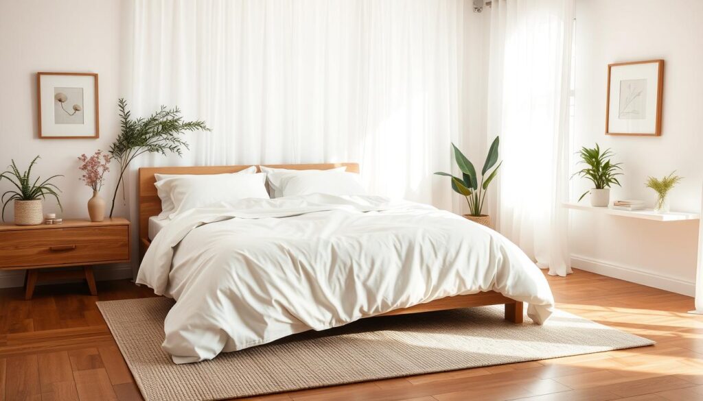 A cozy, minimalist bedroom with soft, natural lighting filtering through sheer curtains. A plush, oversized bed with crisp white linens and a fluffy comforter takes center stage. Delicate houseplants and a few calming artwork pieces adorn the walls, creating a serene, spa-like ambiance. The hardwood floors are covered with a neutral, textured rug, and a low-profile, solid wood nightstand holds a simple table lamp. The overall atmosphere is calming, inviting, and conducive to a restful night's sleep.
