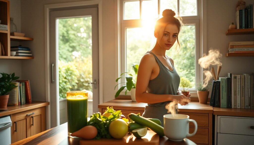 A cozy, sun-dappled kitchen in the early morning. In the foreground, a woman stands at a wooden counter, preparing a refreshing green smoothie, the ingredients neatly arranged before her. Mid-ground, a large window overlooks a lush garden, casting a warm, natural light throughout the space. In the background, a bookshelf holds inspirational wellness titles, complemented by a small potted plant and a mug of steaming tea. The woman's expression is one of focus and calm, embodying a sense of mindfulness and a healthy morning routine.