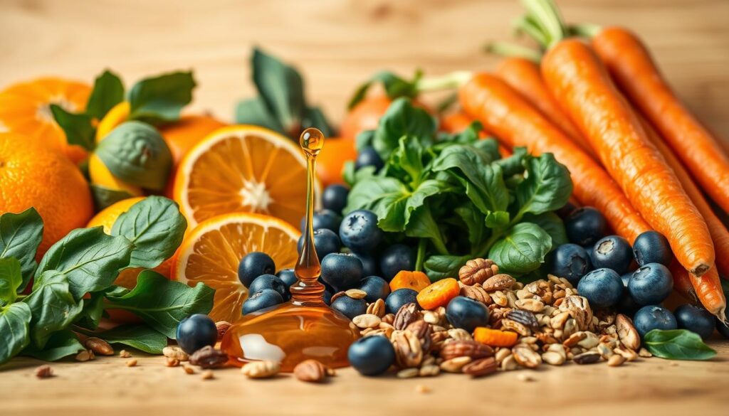 A delectable still life showcasing a harmonious arrangement of immune-boosting superfoods. In the foreground, a selection of vibrant fruits and vegetables - juicy oranges, nutrient-dense spinach, antioxidant-rich blueberries, and crisp carrots - artfully composed. In the middle ground, a drizzle of honey and a sprinkle of nuts and seeds, adding layers of texture and complementary nutrients. The background features a softly lit, natural wood surface, creating a warm, earthy ambiance. Captured with a shallow depth of field, this image invites the viewer to savor the synergistic power of these wholesome ingredients, designed to support and strengthen the immune system.