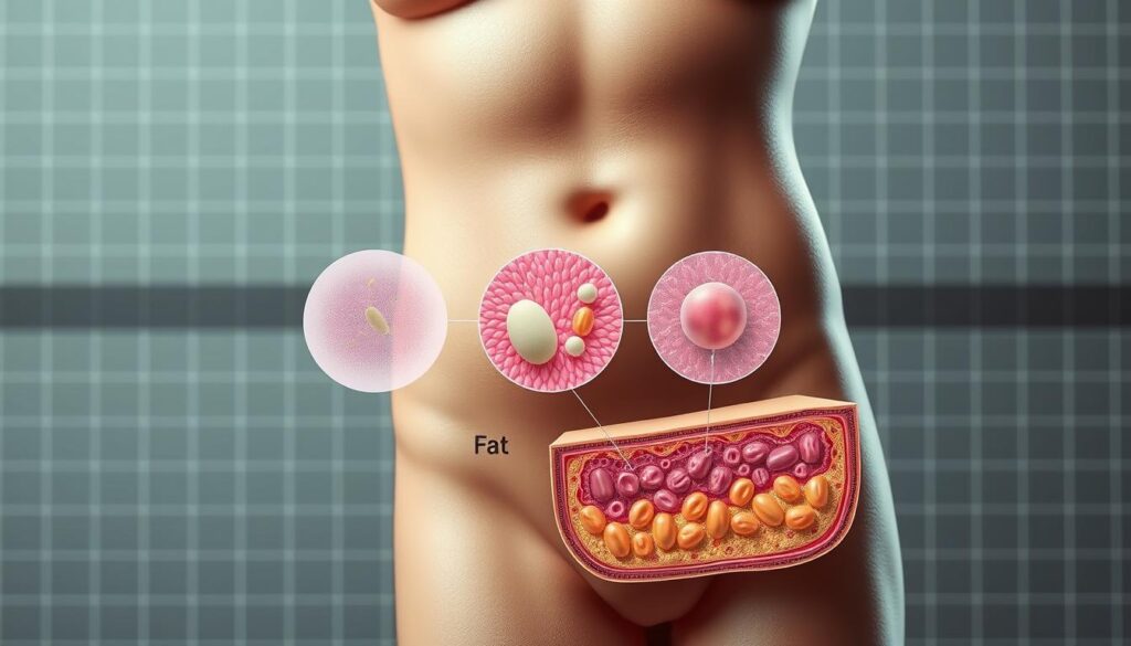 A detailed cross-section illustration depicting the process of belly fat storage. The foreground shows a labeled diagram of the abdomen, with the subcutaneous fat layer prominently displayed. The middle ground features a series of microscopic views showcasing the cellular mechanisms of fat accumulation, including adipocyte expansion and lipid droplet formation. The background provides a clinical, scientific atmosphere with muted colors and geometric grid patterns, suggesting a medical or educational context. The lighting is soft and directional, emphasizing the intricate structures and textures of the fat storage process. The overall composition conveys a sense of visual clarity and technical precision to support the educational intent of the image.