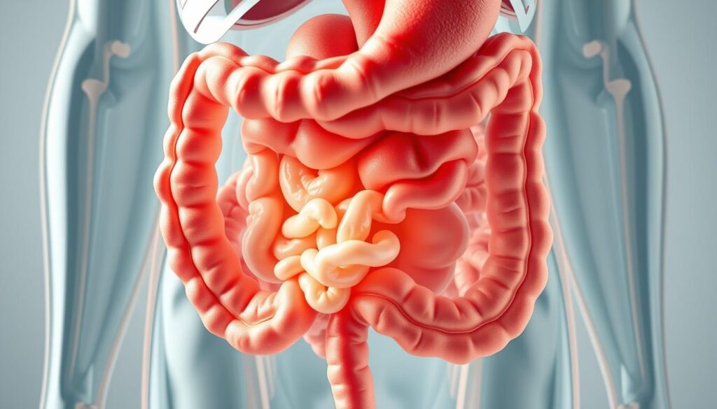 A detailed cross-section of the human digestive system, post-sugar abstinence. The stomach and intestines appear healthier, with reduced inflammation and improved gut flora. The liver is less congested, the pancreas more active. Bright, vibrant colors showcase the renewed vitality of the organs. Crisp, high-resolution photorealistic rendering with a soft, natural lighting setup. Captured from a slightly elevated angle to reveal the internal structures in vivid detail. Convey a sense of balance, harmony, and rejuvenation within the body.