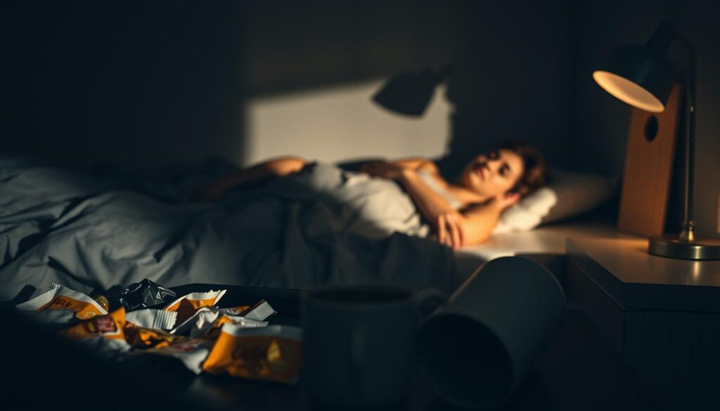 A dimly lit bedroom, shadows cast across a disheveled bed. In the foreground, a nightstand cluttered with empty snack wrappers and an overturned cup of coffee, representing the aftermath of restless sleep and cravings for unhealthy foods. The figure on the bed appears exhausted, tossing and turning, with sunken eyes and a weary expression. The background is hazy, a muted color palette evoking the mental fog of sleep deprivation. Soft, warm lighting from a bedside lamp creates a sense of intimacy and vulnerability, underscoring the personal struggle with maintaining healthy habits when sleep is elusive.