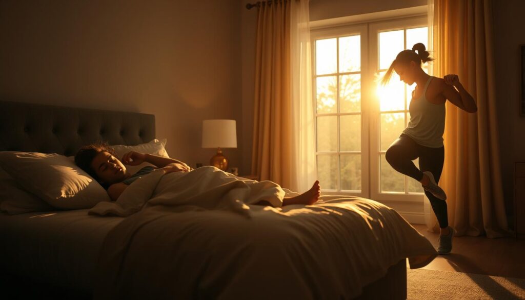 A dimly lit bedroom with a person peacefully sleeping on a cozy bed, surrounded by soft bedding and pillows. In the foreground, a person is engaged in a dynamic exercise routine, performing squats, lunges, and core exercises against a backdrop of natural light streaming through a large window. The contrast between the resting and active figures symbolizes the interplay between sleep and exercise performance. The lighting is warm and inviting, creating a sense of balance and harmony between the two states. The overall composition conveys the importance of the connection between adequate sleep and optimal physical activity.