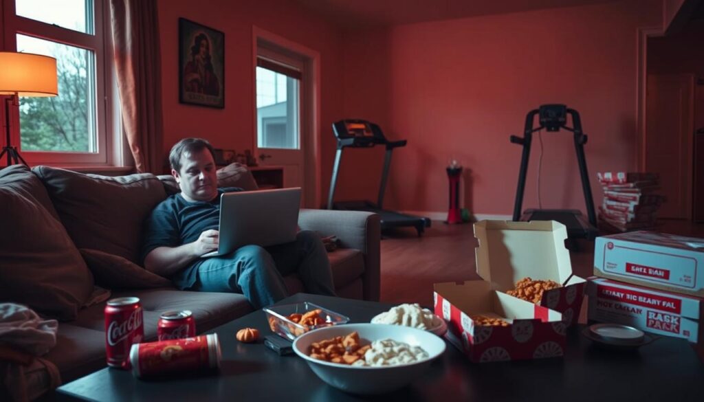 A dimly lit interior scene, shot with a wide-angle lens, showcasing the key lifestyle factors contributing to belly fat. In the foreground, a sedentary figure sits on a couch, laptop open, surrounded by unhealthy snacks and a half-empty soda can. The middle ground features a kitchen counter with a pizza box, a bowl of ice cream, and a stack of fast-food takeout containers. In the background, a treadmill gathers dust in the corner, while a window reveals a lack of outdoor activity. The scene is bathed in a warm, orange-tinted lighting, creating a sense of lethargy and indulgence. The overall atmosphere conveys a sedentary, unhealthy lifestyle that can lead to the accumulation of stubborn belly fat.
