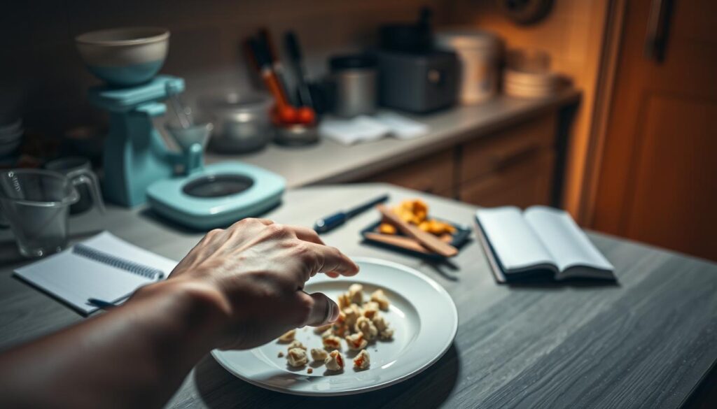 A dimly lit kitchen, the countertop cluttered with measuring cups, a scale, and a notebook. A plate of sparse, carefully portioned meals sits in the foreground, a juxtaposition of healthy yet unsatisfying portions. The subject's hand hovers over the plate, a look of reluctance and discipline etched on their face. Soft, warm lighting casts shadows, creating a somber, introspective atmosphere. The background is blurred, emphasizing the focus on the restrictive eating habits. The overall scene conveys the challenge and sacrifice of calorie restriction, the pursuit of health at the cost of enjoyment.