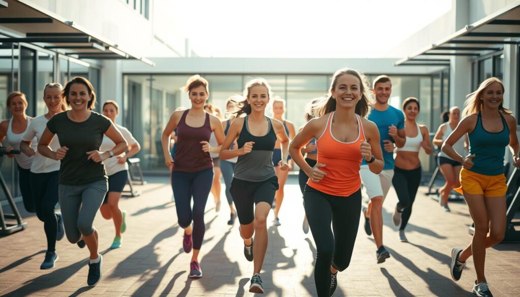 A dynamic scene of individuals engaged in various physical activities, captured in a bright, uplifting setting. In the foreground, a group of people jogging and running, their movements conveying a sense of energy and determination. In the middle ground, others are seen lifting weights, practicing yoga, or participating in group exercises, their expressions focused and engaged. The background features a well-equipped gym or outdoor fitness area, with modern equipment and a clean, minimalist aesthetic. The lighting is natural and warm, casting a positive, motivational glow over the scene. The overall atmosphere is one of health, wellness, and the pursuit of an active lifestyle.