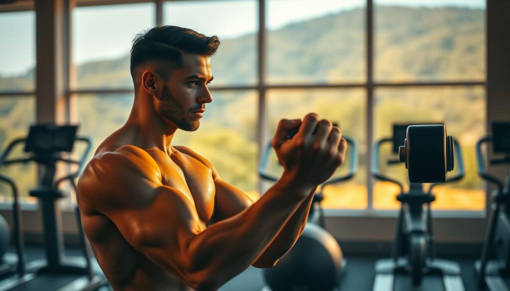 A focused, well-lit gym interior with a motivated individual mid-workout, determined expression on their face. Glowing, warm lighting illuminates their toned physique as they lift weights, sweat glistening. In the middle ground, exercise equipment like treadmills and stationary bikes, projecting a sense of energy and commitment. The background features large windows with a view of a lush, natural landscape, hinting at work-life balance and the rewards of perseverance. Crisp, cinematic composition highlights the subject's dedication and resilience in the face of a demanding fitness journey.