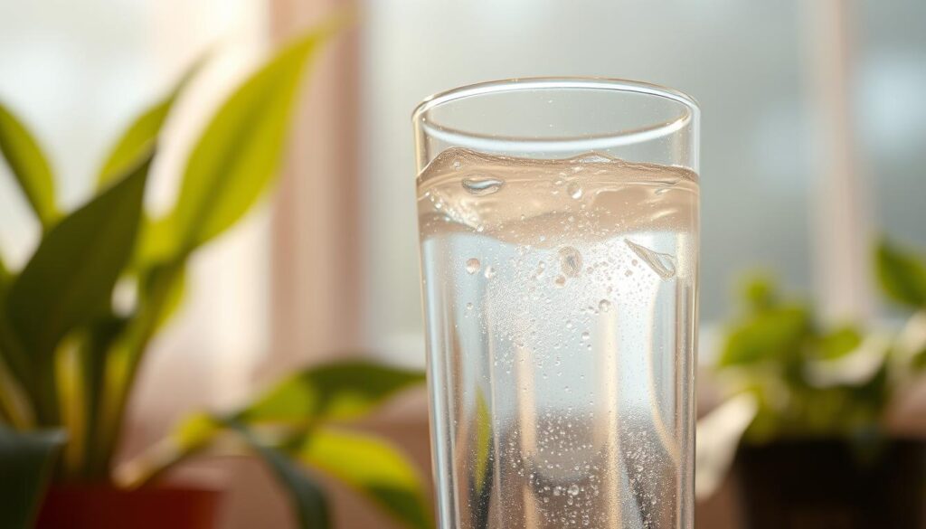 A glass of clear, sparkling water with beads of condensation glistening on the surface, set against a soft, blurred background of verdant plants and natural light filtering through a window. The lighting is warm and diffused, creating a calming, serene atmosphere that emphasizes the refreshing nature of the water. The camera angle is slightly elevated, providing a thoughtful, contemplative perspective on the subject. The overall composition is balanced and visually appealing, drawing the viewer's attention to the importance of staying hydrated throughout the day.