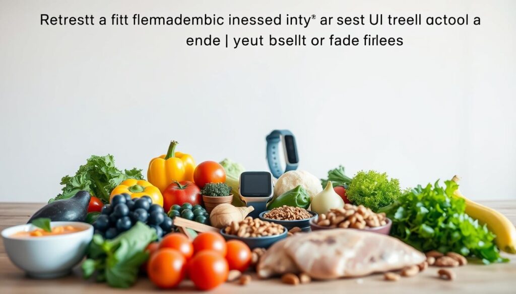 A neatly arranged table showcasing various healthy food items against a clean, minimalist background. In the foreground, a selection of fresh vegetables, fruits, nuts, and lean protein sources are displayed, conveying a sense of balance and nutrition. The middle ground features a fitness tracker or smartwatch, symbolizing the importance of holistic wellness. The background is softly lit, with a subtle gradient or muted colors to create a calming, serene atmosphere. The overall composition should inspire a feeling of wellness and the potential for effective belly fat reduction through a thoughtful, science-backed nutritional approach.