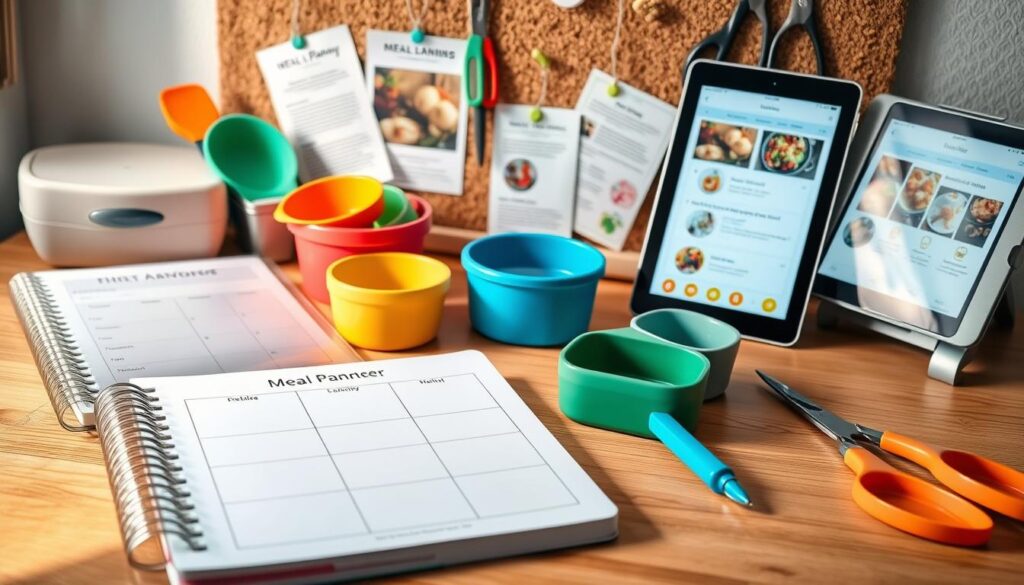 A neatly organized desk with various meal planning tools arranged in a visually appealing layout. In the foreground, a meal prep notebook, a weekly meal planner, and a set of colorful reusable containers. In the middle ground, a set of measuring cups and spoons, a kitchen scale, and a pair of shears. In the background, a cork board with inspiring recipe printouts and a modern tablet displaying a digital meal planning app. The scene is lit by warm, natural lighting, creating a cozy and inviting atmosphere. The overall composition conveys a sense of organization, preparation, and a thoughtful approach to crafting a balanced meal plan.
