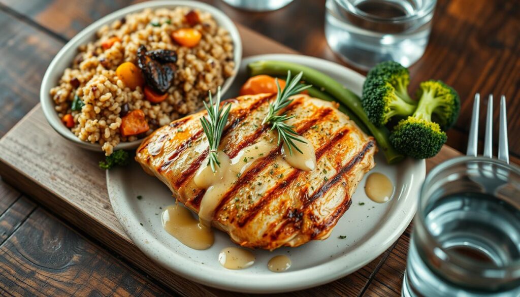 A nutritious meal with a generous portion of high-quality protein, artfully arranged on a rustic wooden table. The centerpiece is a juicy grilled chicken breast, drizzled with a light lemon-herb sauce and garnished with fresh sprigs of rosemary. Surrounding the protein are various accompaniments, such as a hearty quinoa salad with roasted vegetables, a side of steamed broccoli florets, and a glass of refreshing water. The lighting is soft and natural, creating a warm, inviting atmosphere. The camera angle is slightly elevated, allowing the viewer to appreciate the balanced, well-rounded nature of this nourishing, protein-rich dish.
