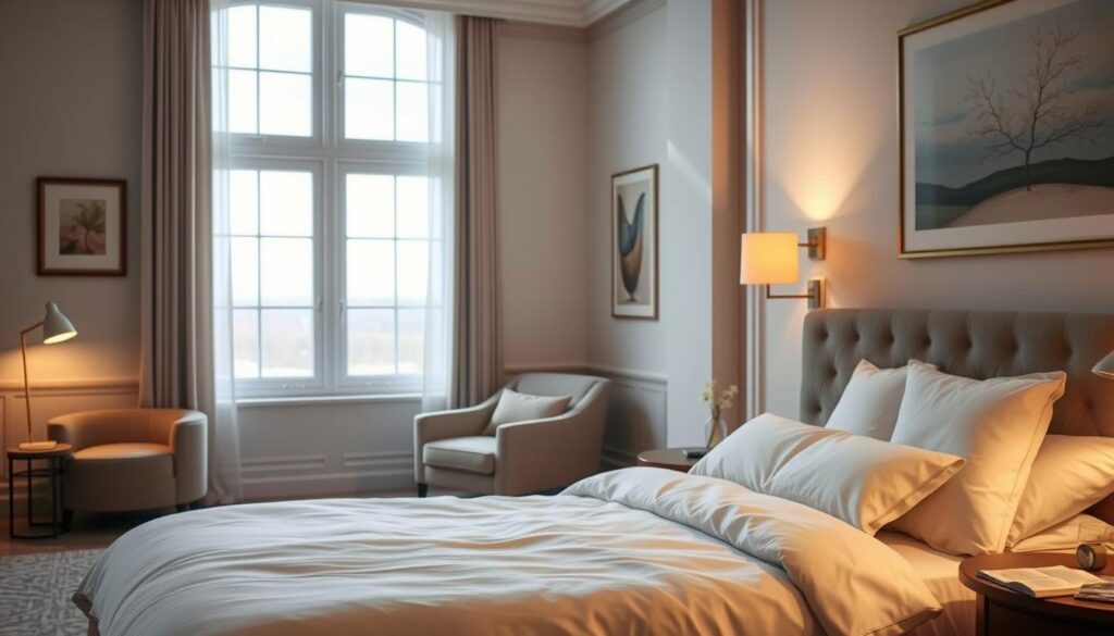 A peaceful, well-lit bedroom with soft natural lighting streaming through large windows, highlighting a cozy bed dressed in luxurious bedding. On the nightstand, a minimalist alarm clock and a glass of water. In the corner, a plush armchair and a small side table with a book and a warm reading lamp. The walls feature soothing, neutral-toned artwork. The overall atmosphere conveys a sense of tranquility and rest, creating an optimal sleep environment.