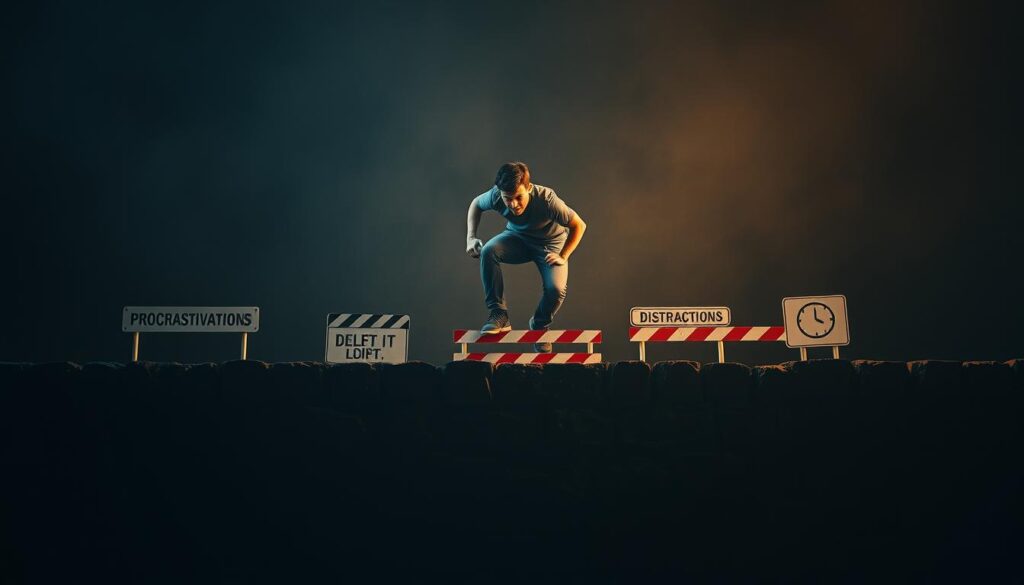 A person overcoming a wall of obstacles, represented by various motivational roadblocks such as procrastination, self-doubt, and distractions. The foreground shows the person, determined and focused, climbing over the wall with a look of resolve. The middle ground depicts the obstacles in the form of symbolic barriers, each with a unique challenge. The background is a dimly lit, moody environment, creating a sense of tension and struggle. Dramatic lighting casts shadows, adding depth and emphasizing the person's struggle. The overall scene conveys the journey of overcoming common motivation obstacles through perseverance and a strong mindset.