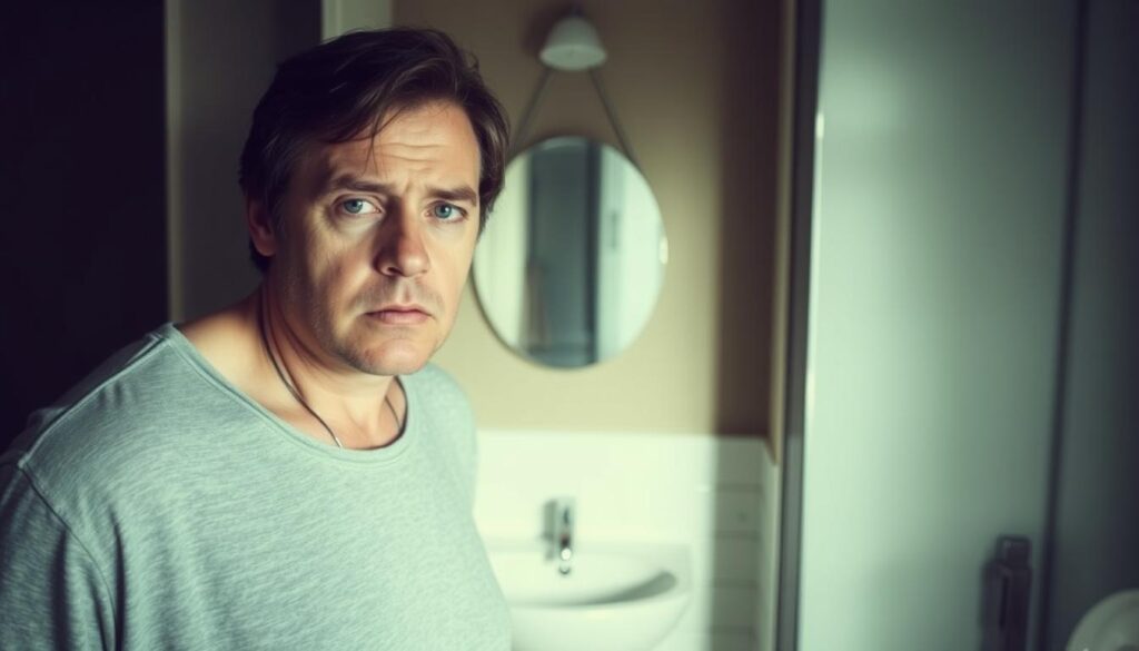 A person standing in front of a mirror, looking tired and distracted, with visible signs of sluggish metabolism such as bloating, fatigue, and dry skin. The foreground is well-lit, creating a sense of vulnerability and self-reflection. The middle ground features a simple, minimalist bathroom setting, with a sink and mirror taking center stage. The background is slightly blurred, creating a sense of focus on the subject's internal state. The overall mood is pensive and introspective, capturing the experience of dealing with a sluggish metabolism.
