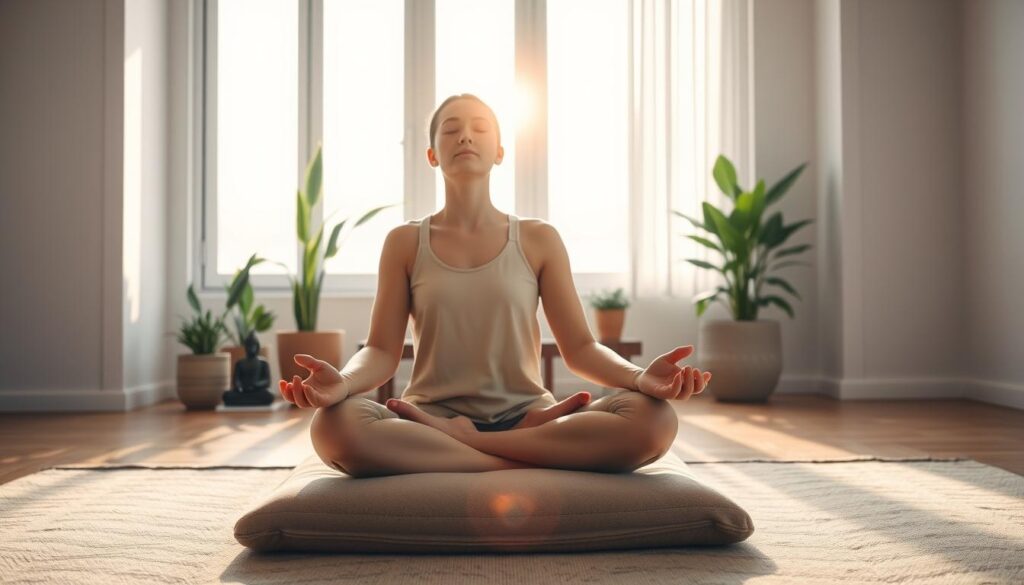 A serene and tranquil morning scene of a person practicing mindfulness. In the foreground, a person sits cross-legged on a plush meditation cushion, eyes closed, hands resting palms-up on their thighs. Soft, natural lighting filters in through a large window, casting a warm glow. In the middle ground, potted plants and a small statue of Buddha add to the calming atmosphere. The background depicts a minimalist, Zen-inspired interior with clean lines and neutral tones. The overall mood is one of focus, clarity, and inner peace.
