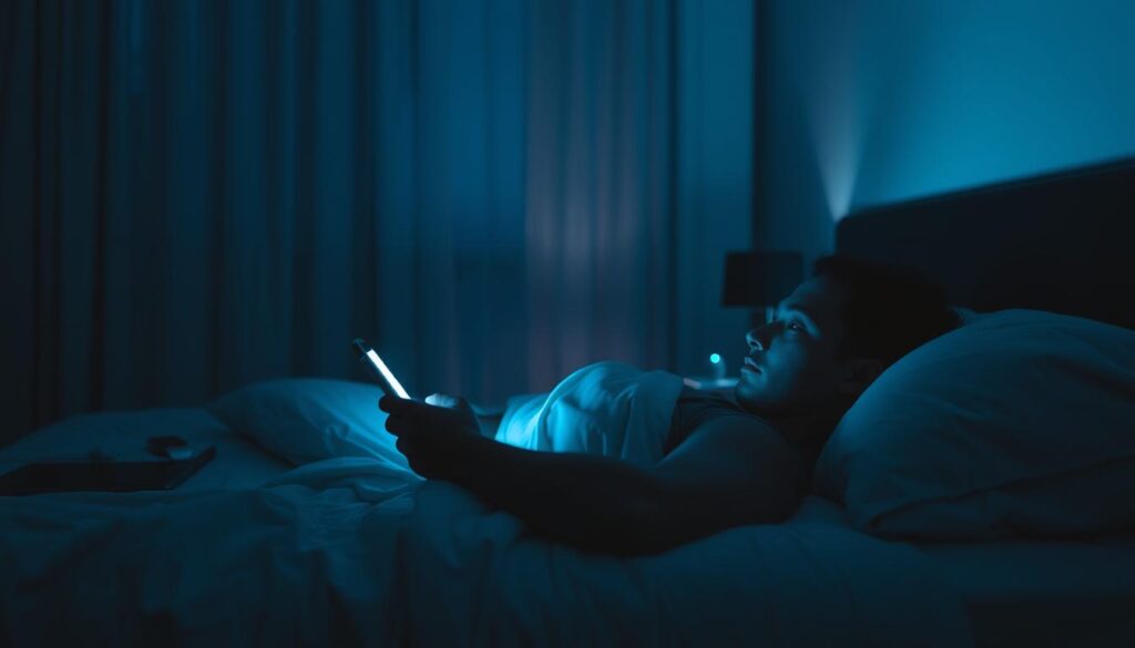 A serene bedroom at night, dimly lit by the glow of digital devices. In the foreground, a person lying in bed, their face illuminated by the soft light of a smartphone screen. The middle ground features a bedside table with a laptop, tablet, and smartwatch, all connected and buzzing with notifications. The background is hazy, with the outlines of curtains and a window visible, suggesting the intrusion of artificial light into the sleeping environment. The mood is one of contemplation and unease, as the viewer is drawn to consider the balance between technology and healthy sleep habits.