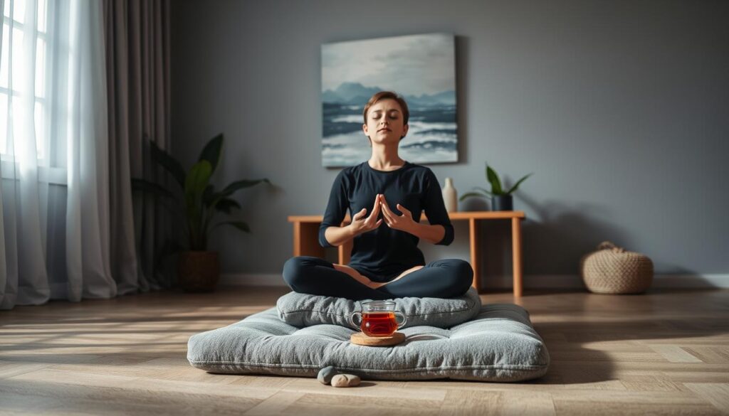 A serene, dimly lit room with soft, natural lighting filtering through sheer curtains. In the foreground, a person sitting cross-legged on a plush, gray floor cushion, eyes closed, hands resting palms-up on their lap, exuding a sense of tranquility and deep relaxation. In the middle ground, a small, wooden side table with a cup of herbal tea, a scented candle, and a few smooth river rocks. The background features gentle, swaying houseplants and a tranquil, abstract landscape painting on the wall, creating a calming, meditative atmosphere.