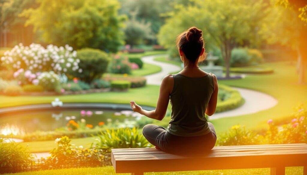 A serene garden setting with a person sitting on a bench, practicing yoga or meditation. The foreground features a person in a cross-legged lotus position, eyes closed, hands resting gently on their lap, exuding a sense of calm and inner peace. The middle ground showcases a lush, verdant garden with blooming flowers, a tranquil pond, and a winding path. The background depicts a warm, diffused lighting, creating a calming, golden-hour atmosphere. The overall scene conveys a sense of relaxation, stress relief, and mindfulness practices for a hectic lifestyle.