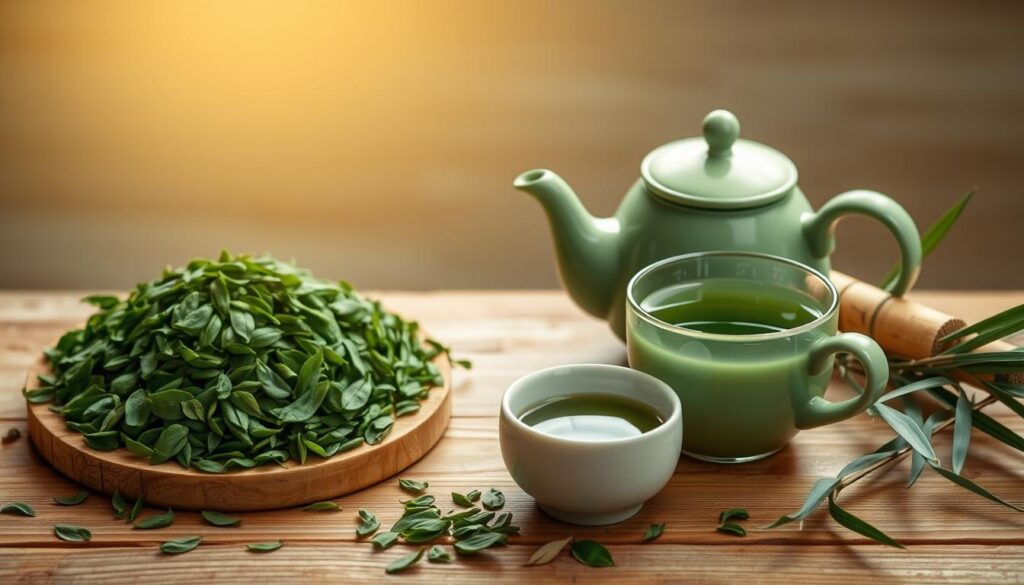 A serene, minimalist scene of green tea leaves and ceramic tea accessories arranged on a natural wooden surface. Soft, warm lighting from above casts a soothing glow, highlighting the vibrant green hues and clean lines of the teacup, teapot, and bamboo accents. The composition emphasizes balance and simplicity, conveying a sense of tranquility and focus on the natural detoxifying properties of green tea. The background is blurred, keeping the viewer's attention on the central elements and their calming, grounding presence.