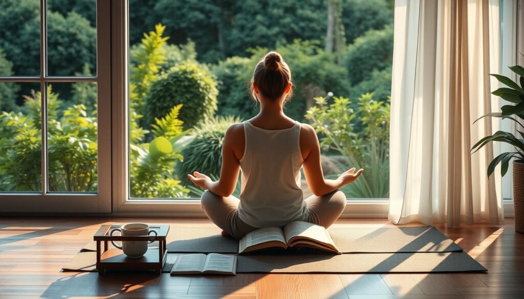 A serene morning scene with a person sitting cross-legged on a yoga mat, gazing out a large window overlooking a lush garden. Soft, natural lighting filters in, casting a warm glow. The person is in a state of mindful contemplation, having unplugged from digital devices. On a small table beside them, a cup of herbal tea and a book lie open. The overall atmosphere is one of tranquility and focus, inviting the viewer to slow down and embrace a digital-free start to the day.