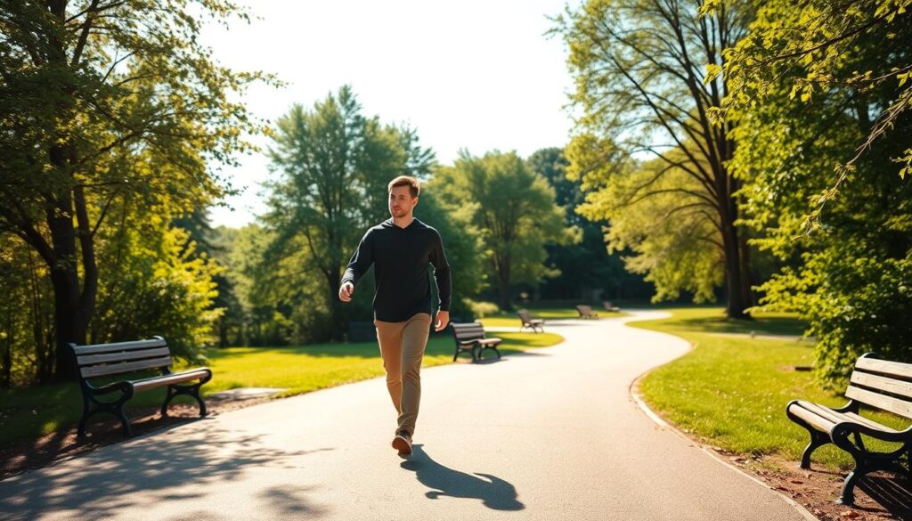 A serene park path winding through lush greenery, sunlight filtering through the trees. In the foreground, a person walking with a contemplative expression, immersed in the calming rhythm of their steps. The middle ground features a few benches, inviting onlookers to pause and observe the mental clarity that arises from this simple, grounding activity. The background depicts a clear, blue sky, symbolizing the uplifting, rejuvenating effects of a daily walking routine on one's mental well-being. Crisp, high-resolution details, a warm, natural color palette, and a sense of peaceful tranquility permeate the scene.