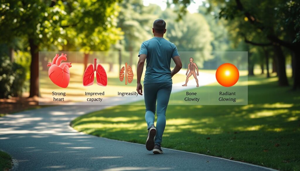 A serene park setting with a winding path, sunlight filtering through lush greenery. In the foreground, a person walks steadily, their stride confident and their posture upright. Behind them, a series of visualizations depicting the positive long-term health outcomes of regular walking: a strong, healthy heart, improved lung capacity, increased bone density, and a radiant, glowing complexion. The scene exudes a sense of tranquility and the promise of improved well-being through the simple act of walking.