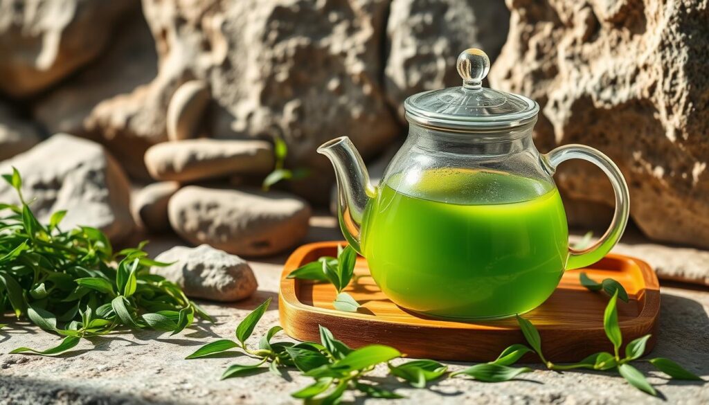 A serene still life scene of a glass teapot filled with steaming green tea, surrounded by fresh green tea leaves, a zen rock garden, and a wooden tea tray on a natural stone background. Soft, diffused natural lighting casts gentle shadows, creating a calming, restorative atmosphere. The composition emphasizes the purity and simplicity of the green tea ritual, inviting the viewer to pause and indulge in a moment of tranquility and holistic detoxification.