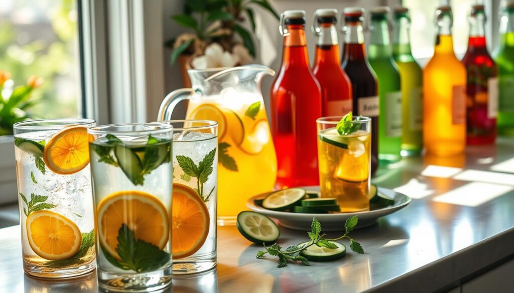 A serene, sun-dappled kitchen counter showcases an array of refreshing detoxifying drinks. In the foreground, crystal-clear glasses brim with vibrant, infused waters - sliced citrus, leafy greens, and fragrant herbs casting playful reflections. Midground, a pitcher of icy lemon and ginger tea steams gently, complemented by a platter of freshly sliced cucumbers and sprigs of mint. In the background, a row of antique glass bottles filled with probiotic-rich kombucha in jewel-toned hues. The scene exudes a sense of calm, wellness, and a rejuvenating start to the day.