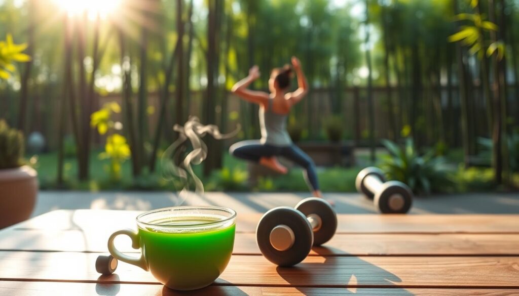 A serene, sun-dappled scene of a serene green tea-filled afternoon. In the foreground, a delicate ceramic cup filled with steaming, vibrant green tea sits on a wooden table, accompanied by a pair of sleek, modern dumbbells. The middle ground features a person in yoga attire, gracefully performing a gentle stretch, their silhouette backlit by the warm glow of the afternoon sun. The background is a lush, verdant garden, with towering bamboo stalks swaying softly in the breeze, creating a soothing, tranquil atmosphere. The lighting is soft and diffused, creating a calming, meditative mood. Captured with a wide-angle lens to convey a sense of peaceful, holistic well-being.