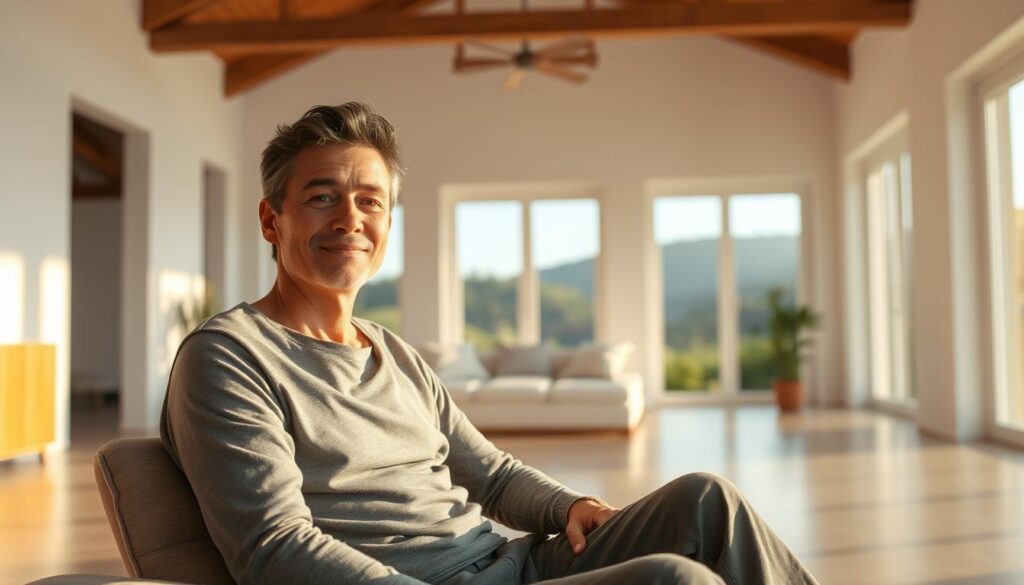 A serene, well-lit scene showcasing a person's energy levels stabilizing after quitting sugar. In the foreground, a person sits comfortably, radiating a sense of calm and balance. Their expression is relaxed, and their posture is upright and confident. The middle ground features a clean, minimalist interior, with natural light streaming in through large windows, casting a warm glow on the scene. In the background, a lush, verdant landscape can be seen, hinting at the rejuvenating effects of the lifestyle change. The overall atmosphere is one of tranquility, harmony, and a renewed sense of vitality.