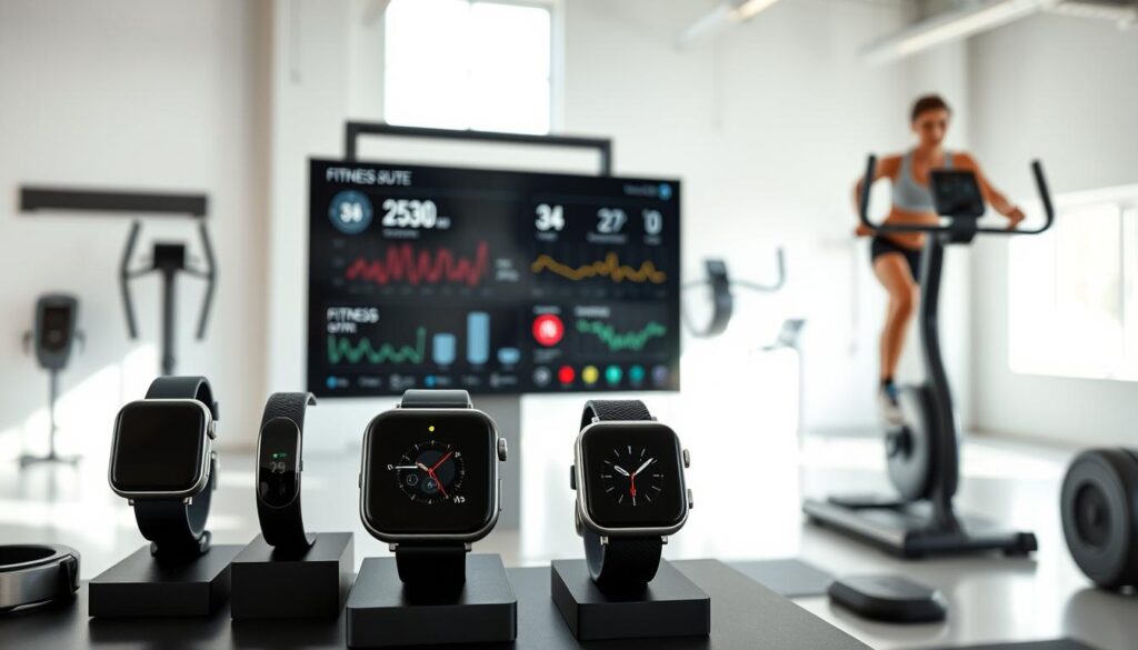 A sleek and modern fitness technology display showcasing an array of smartwatches, fitness trackers, and connected workout equipment. The foreground features a minimalist, high-contrast design with the latest wearable devices in muted tones of black, gray, and silver. The middle ground highlights a large touchscreen display showcasing real-time fitness data, heart rate monitoring, and exercise routines. The background is a clean, bright, and airy studio setting with natural lighting filtering in, creating a sense of wellness and productivity. The overall mood is one of efficiency, innovation, and a technology-driven approach to personal fitness and wellness.