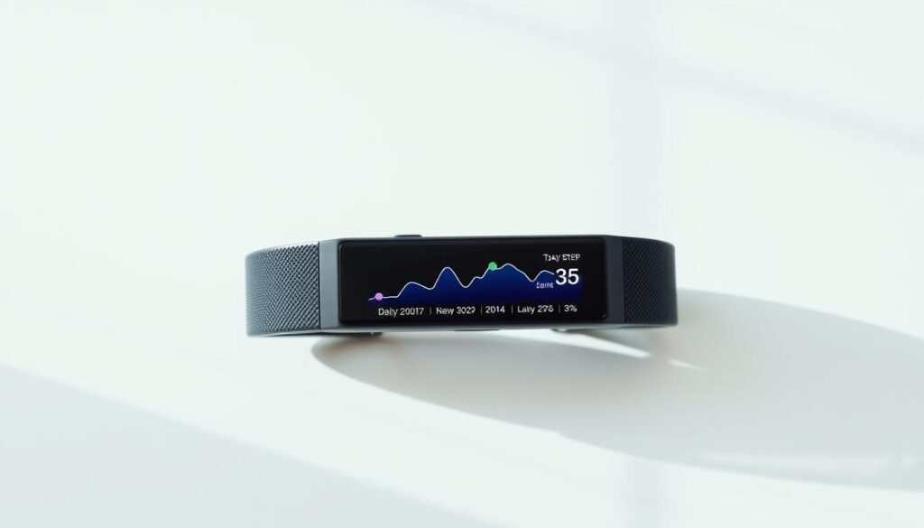 A sleek, modern fitness tracker display hovering against a minimalist white background, showing a line graph of daily step count and distance traveled over time. Gently diffused natural light from an unseen window casts a soft glow, creating a sense of simplicity and focus. The user interface features clean typography, intuitive icons, and a prominent progress bar or percentage, conveying a clear and motivating visualization of the user's walking accomplishments. The overall atmosphere is one of clarity, motivation, and a feeling of personal growth and achievement.