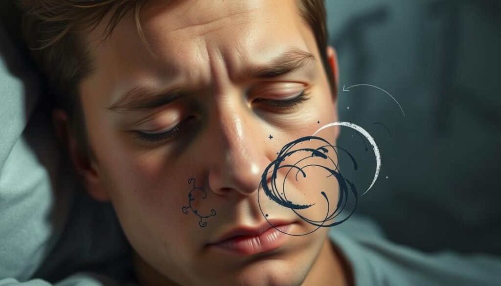 A sleep-deprived person's face, drawn with sunken eyes, pale skin, and dark circles, set against a hazy, dimly lit background. In the foreground, a hormonal imbalance is depicted through abstract swirls of hunger hormones like ghrelin, casting an unsettling, unbalanced atmosphere. The lighting is low and moody, creating a sense of exhaustion and imbalance. The overall composition conveys the detrimental effects of sleep deprivation on weight loss goals, with the hormonal disruption at the forefront.