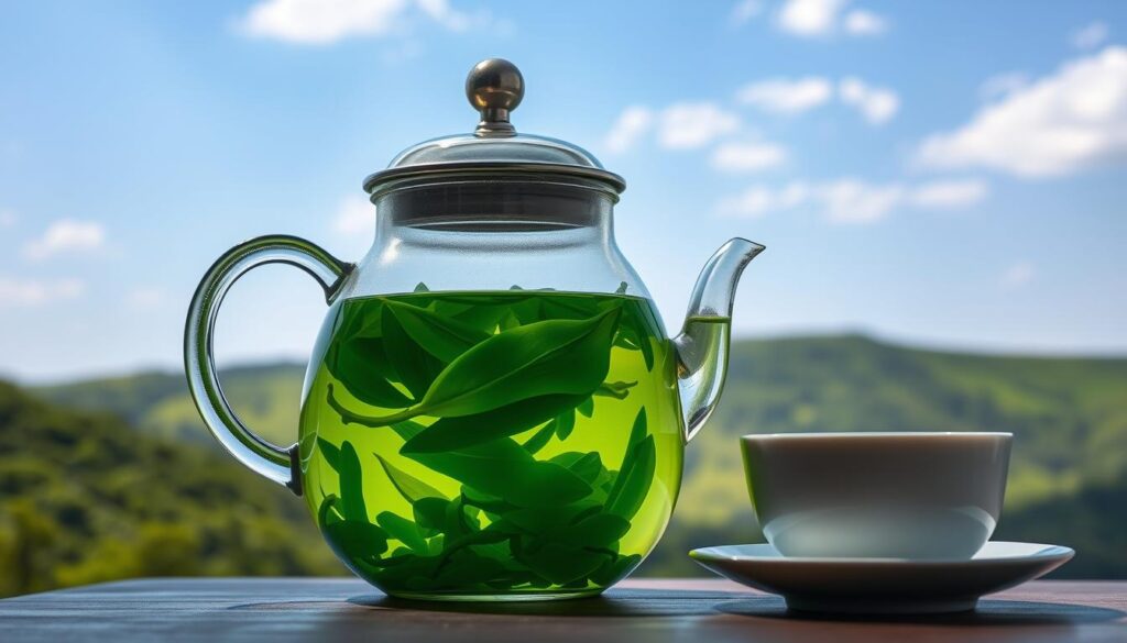 A steaming glass teapot filled with freshly brewed green tea, surrounded by a serene landscape of lush, verdant hills and a clear blue sky. The tea leaves gently swirl in the water, their vibrant green hues illuminated by soft, warm lighting from an overhead skylight. A delicate ceramic teacup rests nearby, its clean lines and simple elegance complementing the natural beauty of the scene. The atmosphere is one of tranquility and wellness, inviting the viewer to pause, inhale the fragrant aroma, and savor the restorative properties of the perfect cup of green tea.
