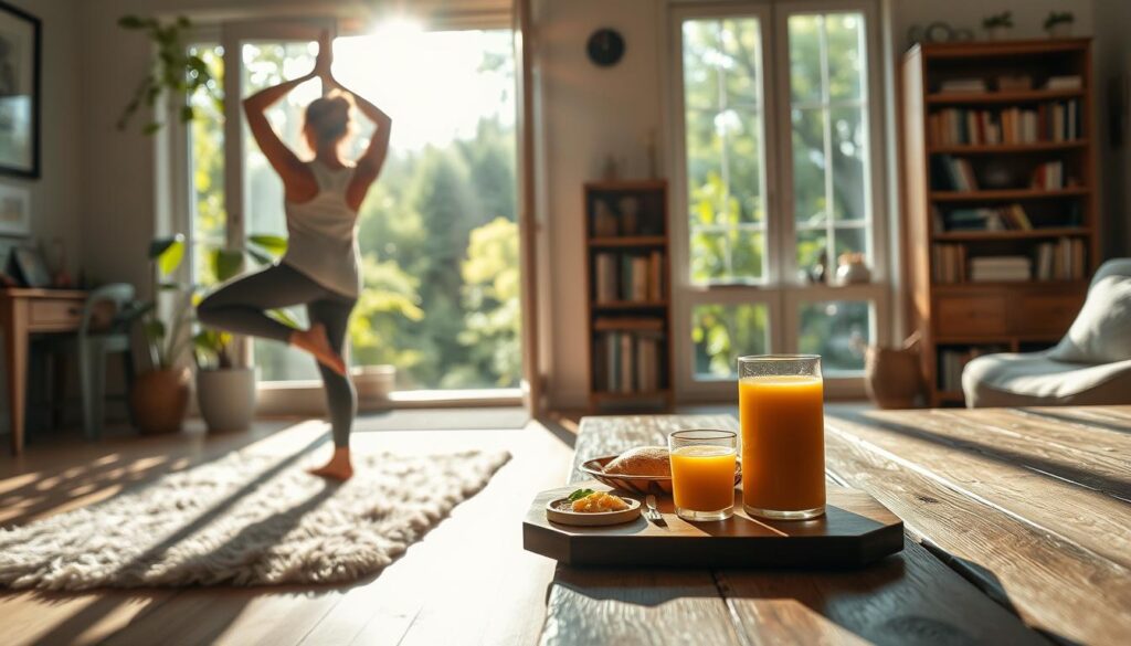 A sun-dappled morning scene of a serene home interior. In the foreground, a person performs gentle stretches on a plush yoga mat, their movements graceful and intentional. Nearby, a glass of freshly squeezed juice and a simple, nutritious breakfast await on a rustic wooden table. The middle ground features a large window overlooking a lush, verdant garden, bathed in warm, natural light. In the background, bookshelves and a meditation cushion suggest a tranquil space for introspection and self-care. The overall atmosphere is one of mindfulness, balance, and a holistic approach to wellness, even amidst the demands of a busy schedule.