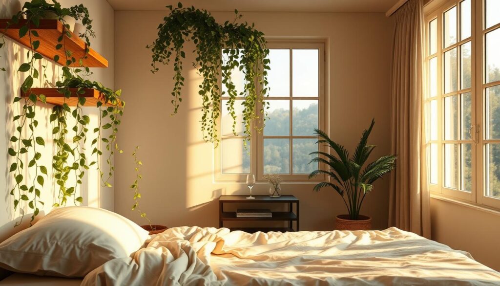 A tranquil bedroom setting bathed in soft, warm lighting. In the foreground, a comfortable bed with natural linens and plush pillows invites restful slumber. Trailing vines of lush greenery cascade from floating shelves, creating a serene, nature-inspired ambiance. The middle ground features a nightstand with a single, elegant glass of water and a small plant, symbolizing simplicity and balance. In the background, large windows allow natural moonlight to filter in, casting a gentle glow throughout the space. The overall mood is one of calming, restorative relaxation, inspiring better sleep through natural means.