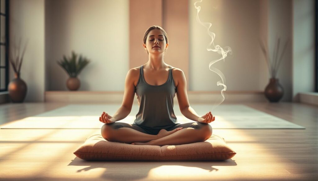 A tranquil indoor setting, bathed in soft, natural lighting. In the foreground, a person sits cross-legged on a plush meditation cushion, eyes closed, hands resting gently on their lap. The background features a minimalist, zen-inspired decor with clean lines and earthy tones, creating a serene and calming atmosphere. Gentle wisps of incense smoke curl through the air, adding to the meditative ambiance. The overall mood is one of deep focus, inner peace, and mental clarity - a sanctuary for mindfulness and meditation.