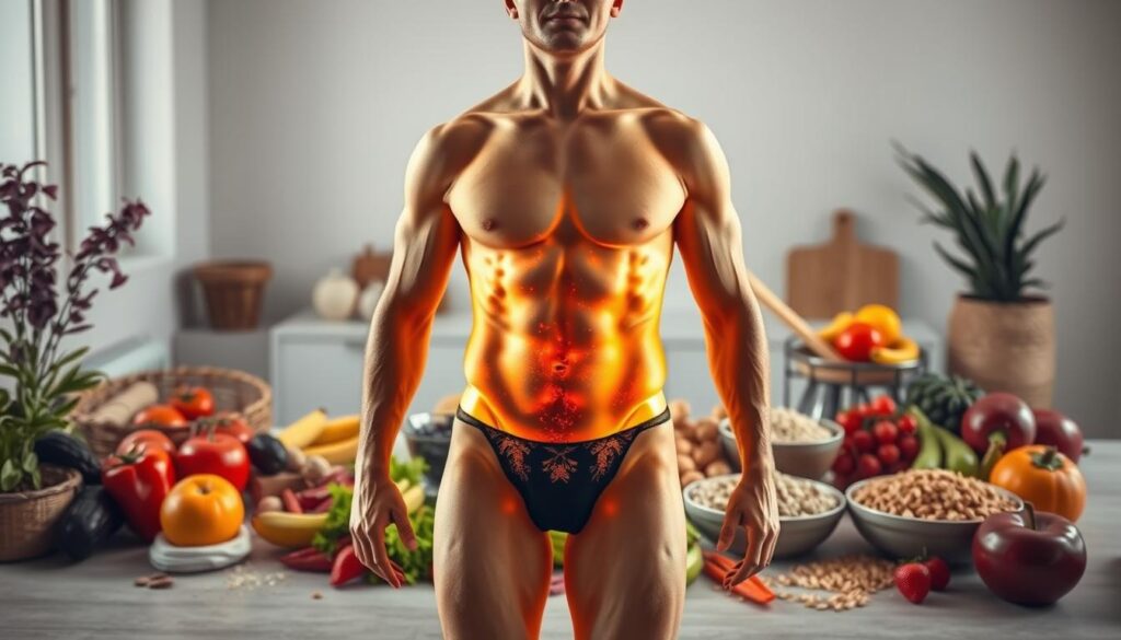 A vibrant, hyper-realistic image of the benefits of quitting sugar, shot with a wide-angle lens in natural lighting. In the foreground, a person's body transformed, glowing with renewed energy and vitality. In the middle ground, various healthy foods like fruits, vegetables, and whole grains. In the background, a serene, minimalist setting with clean lines and a sense of calm. The overall mood is one of wellness, clarity, and a renewed zest for life after breaking free from the shackles of sugar addiction.